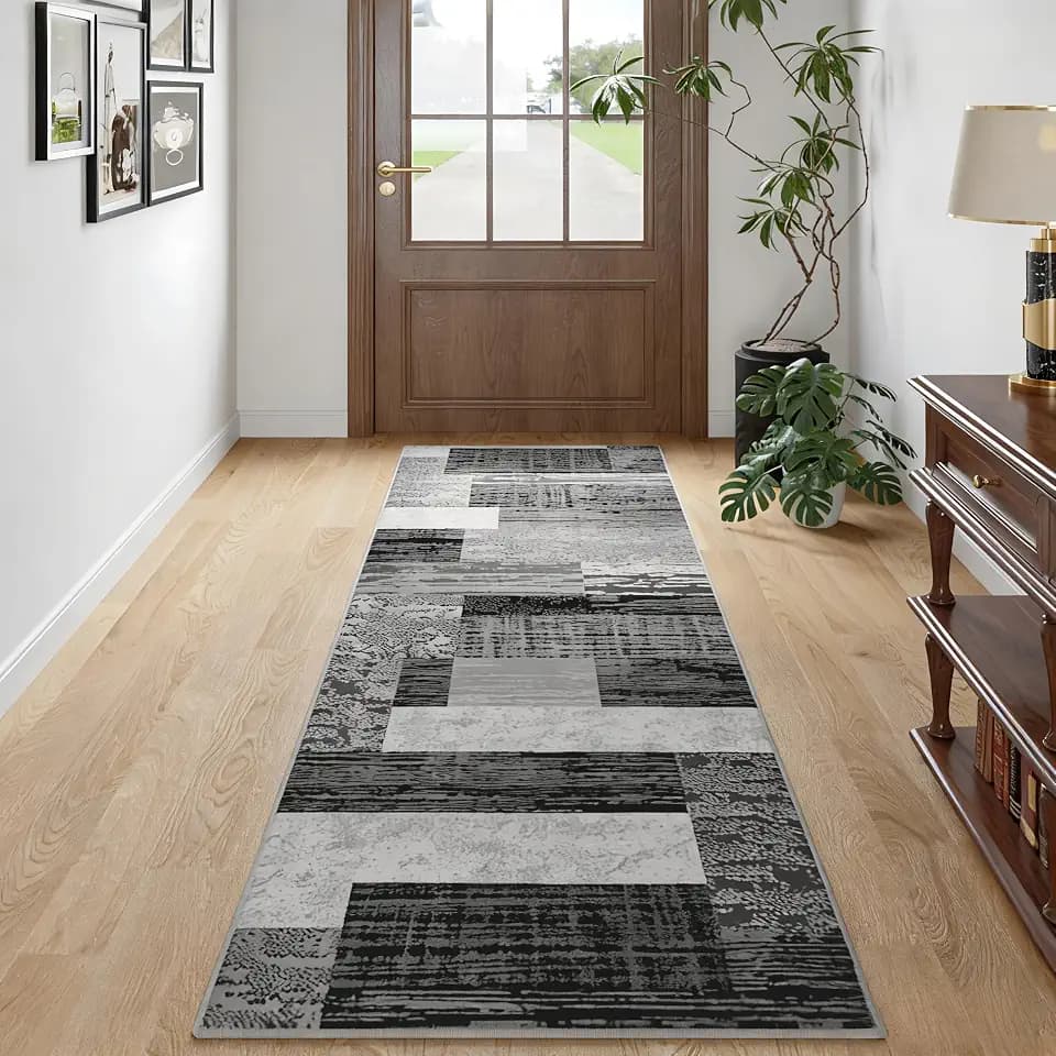 FlyDOIT Modern Geometric Patchwork Area Rug, 2x6 Grey Runner Rugs for Living Room, Rockwood Collection Indoor Rugs for Bedroom, Throw Carpet Floor Decor for Entryway Dining Room Office Nursery