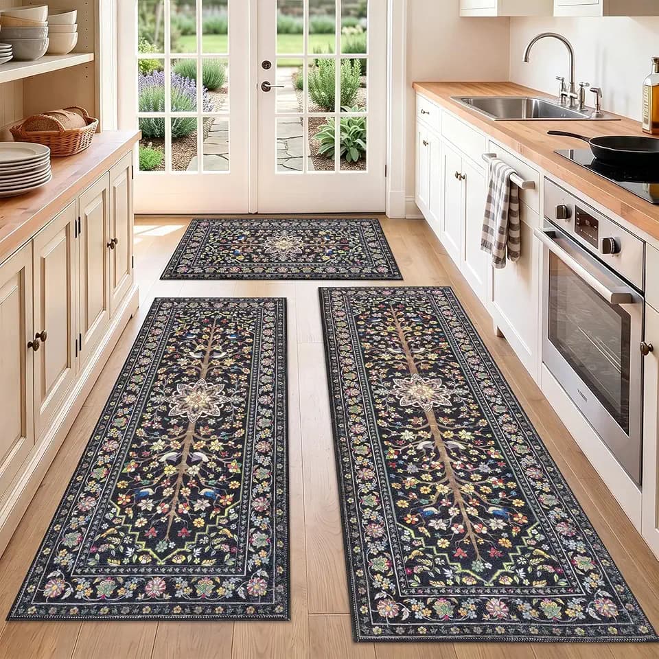 HEBE Boho Kitchen Rugs Set of 3, Non Slip Washable Kitchen Mats for Floor