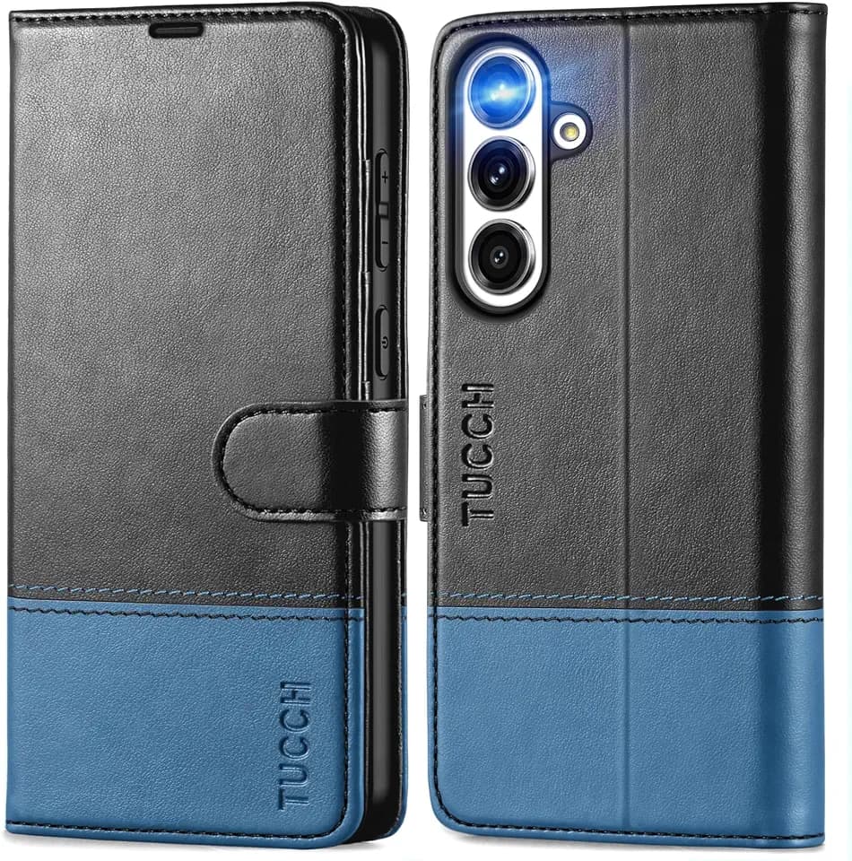 TUCCH Case Wallet for Galaxy S25 FE (6.7"), Flip Stand, Black & Light Blue