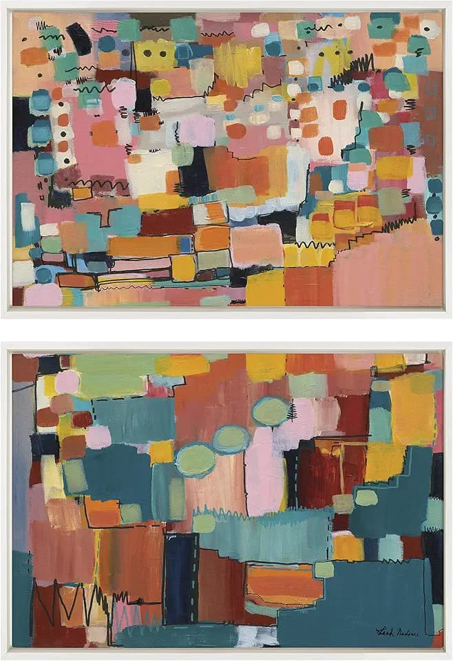 Kate and Laurel Sylvie Sunset Fiesta Set No 1 and Sunset Fiesta Set No 2 Framed Canvas Wall Art by Leah Nadeau, Set of 2, 23x33 White, Decorative Abstract Art Print for Wall