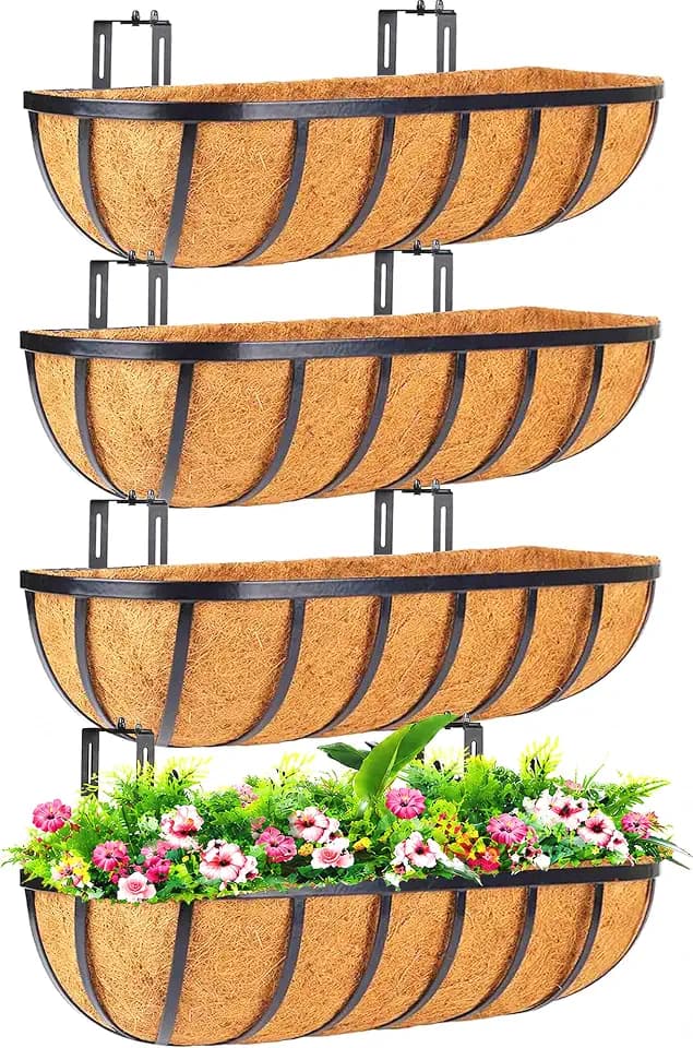 LCHUANG Railing Planter Window Box - 4 Pack 24 Inch Deck Balcony Rail Planter with Coconut Coir Liner, Fence Metal Hanging Flower Basket Deck Railing Planter Boxes for Outdoor Garden