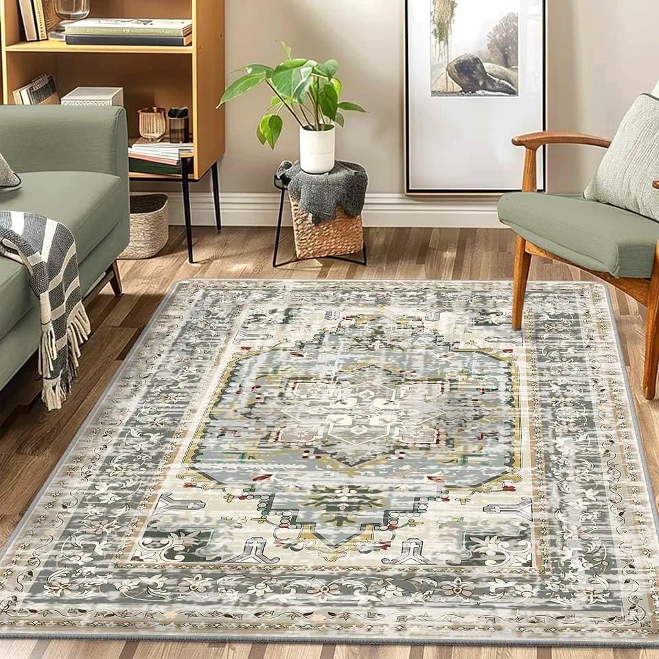 NORTHERN BROTHERS Washable Area Rug - Boho 4x6 Living Room Rug with Non-Slip Backing, Stain Resistant Vintage Area Rug for Bedroom & Living Room, Floral/Green