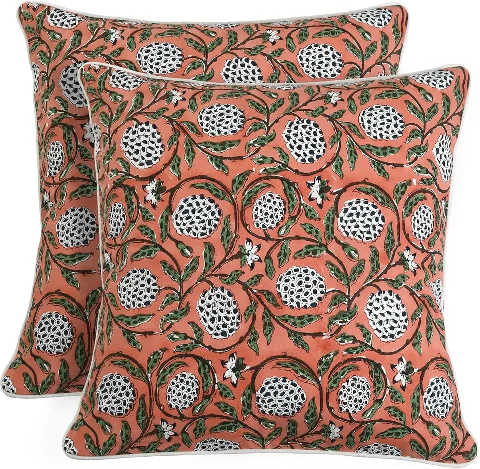 Ridhi Dark Salmon Pink Block Print Cotton Pillow Cover 20x20 Inch Set of 2