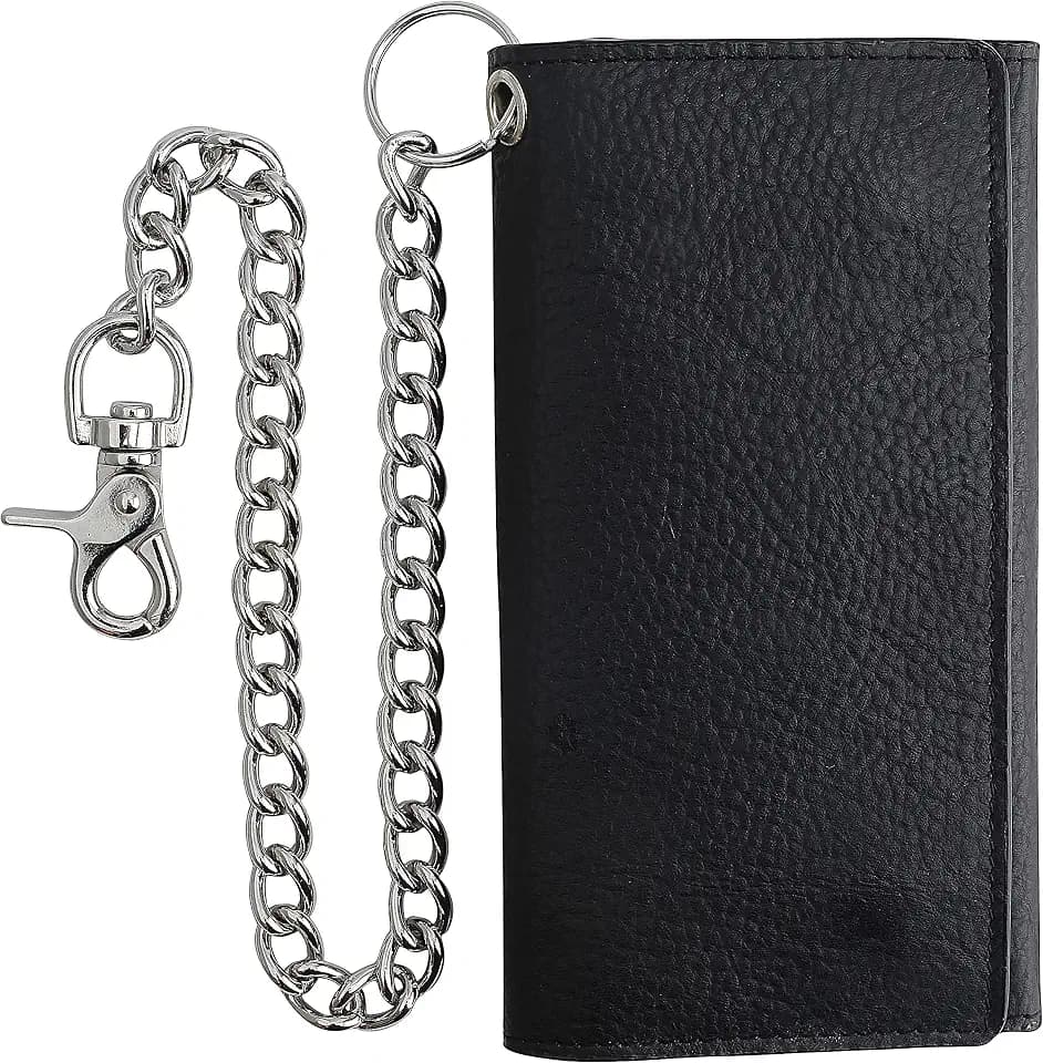 F&L CLASSIC RFID Blocking Mens Tri-fold Long Style Cowhide Leather Steel Chain Wallet,Black
