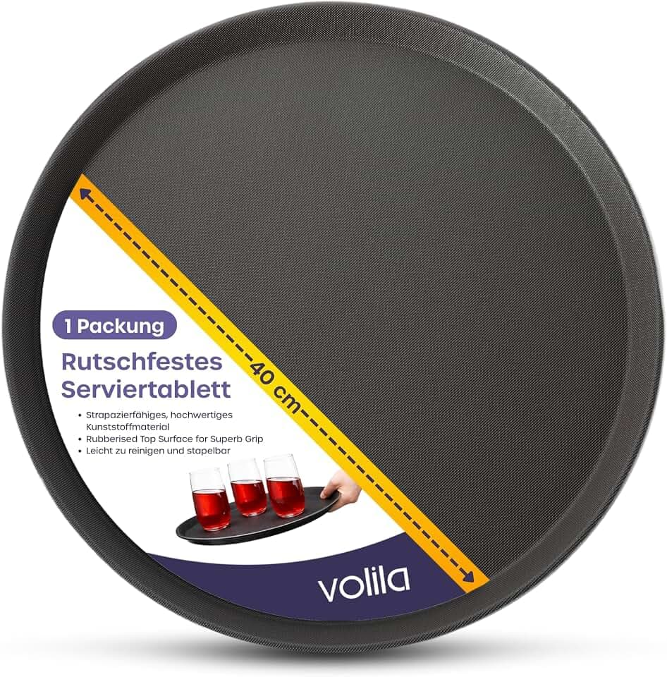 volila Schwarzes Rundtablett - 40cm (1er Pack) Gummiertes rutschfestes Serviertablett für Speisen und Getränke - Spülmaschinenfestes rundes Serviertablett für Partys, Zuhause, Bars & Restaurants