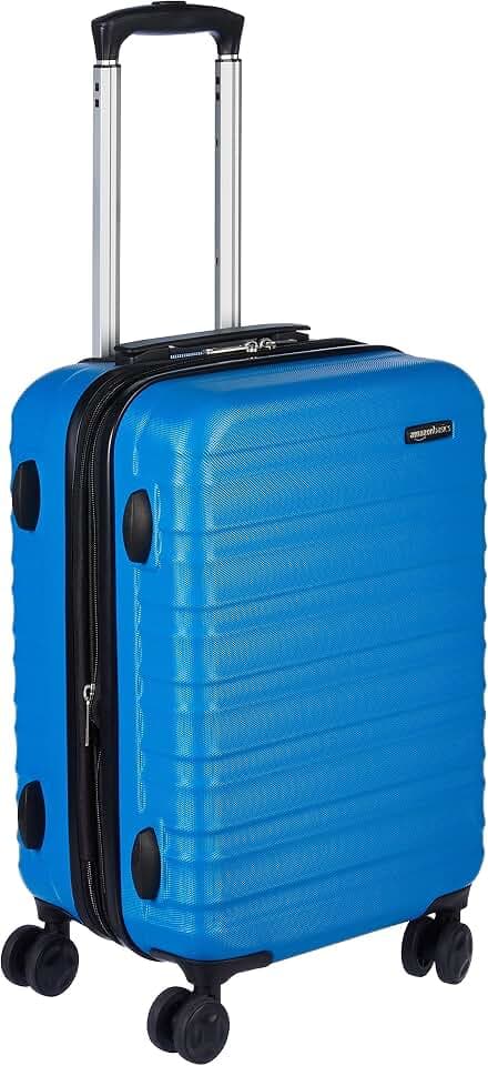 Amazon Basics Hartschalen-Koffer Klein, Erweiterbares ABS-Handgepäck, 4 Doppel-Spinnerräder, Kratzfest, 55cm x 37,5cm x 25,5cm, 32l, 3,1kg, Hellblau, für Kurzreisen und Geschäftsreisen