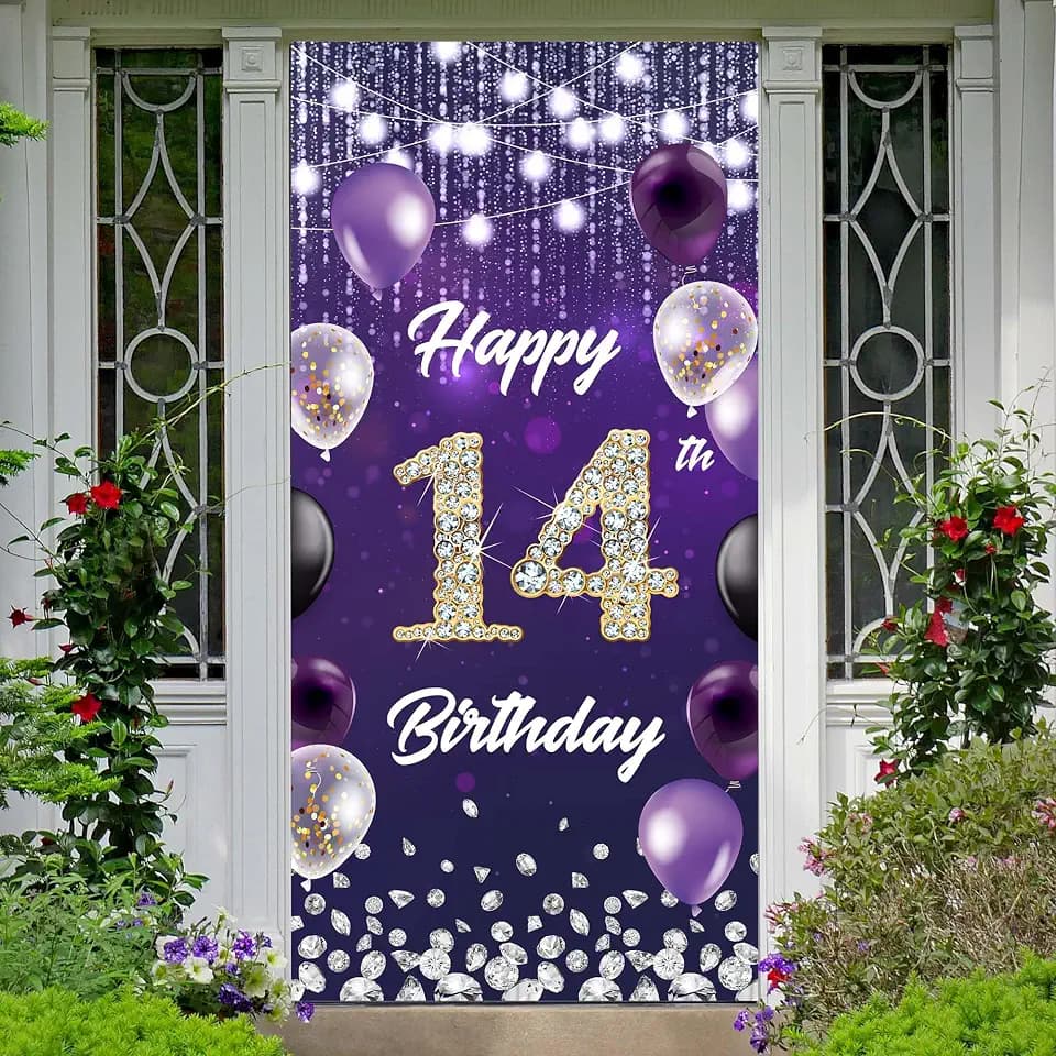 Happy 14th Birthday Backdrop Banner Purple Theme Background with Shiny Diamond Noble Elegant Birthday Party Photo Photography Prop Booth Door Background for Boys Girls Celebration 35.4x72.8in-BECKTEN