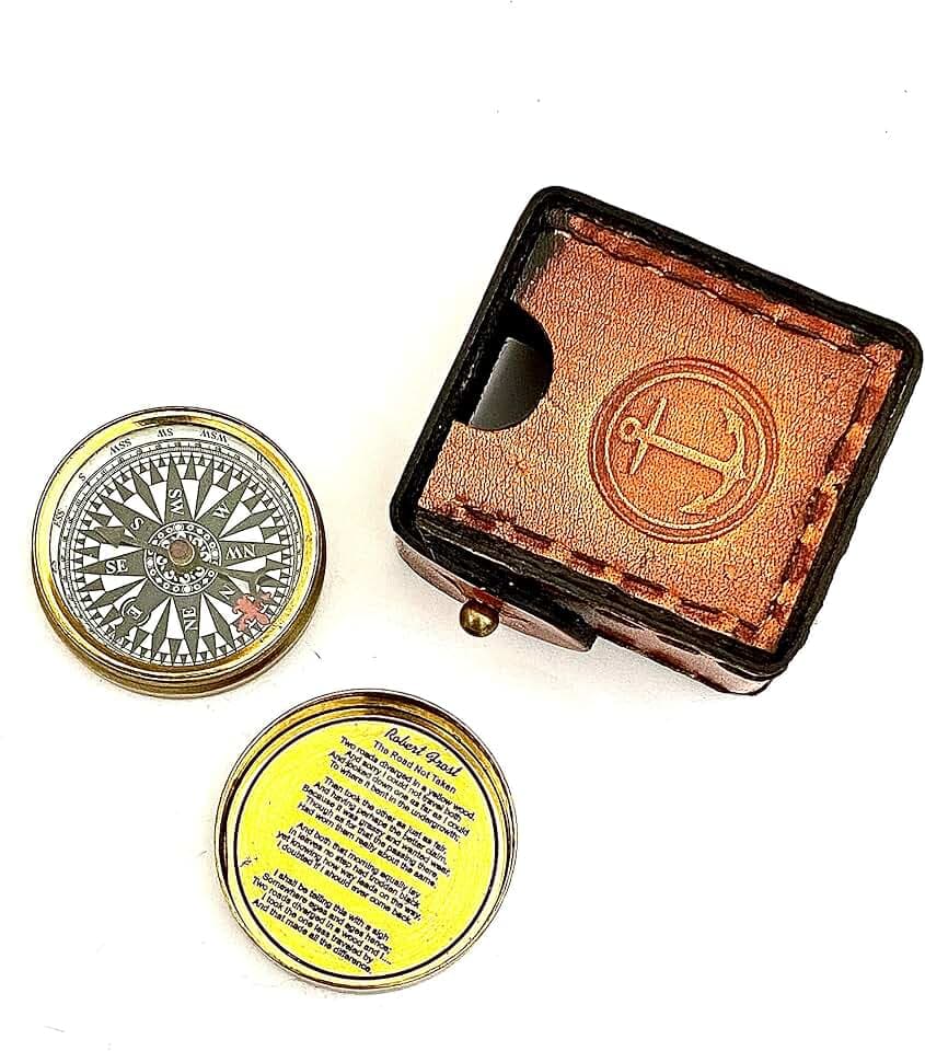 Robert Frost Poem Compass-Pocket Compass w Leather Case