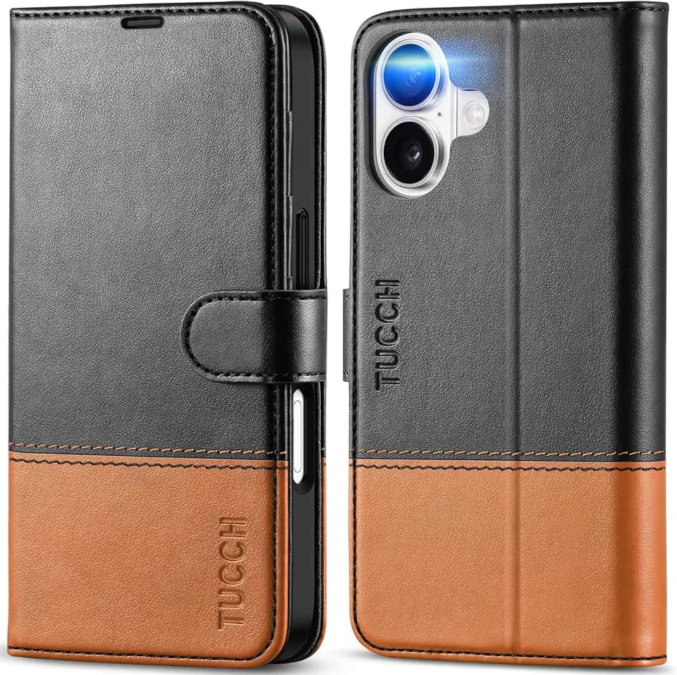 TUCCH Wallet Case for iPhone 17 (6.3") 2025, Flip Stand, Black & Brown
