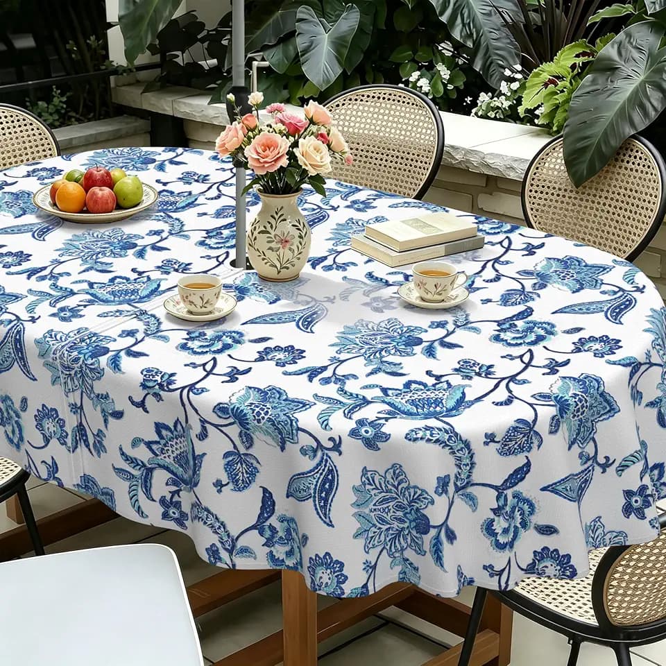 Yighty Oval Outdoor Tablecloth with Umbrella Hole 54x72In,Boho Blue Floral Outdoor Zipper Table Cloth,Waterproof and Wrinkle Resistant Washable Oval Tablecloths for Picnic,Party,Camping and BBQ