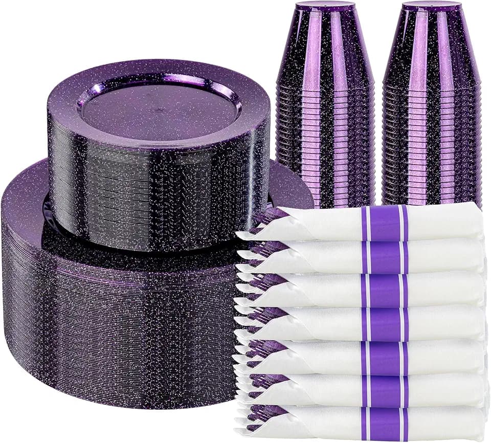 DaYammi 210PCS Purple Glitter Plastic Dinnerware Set for 30 Guests
