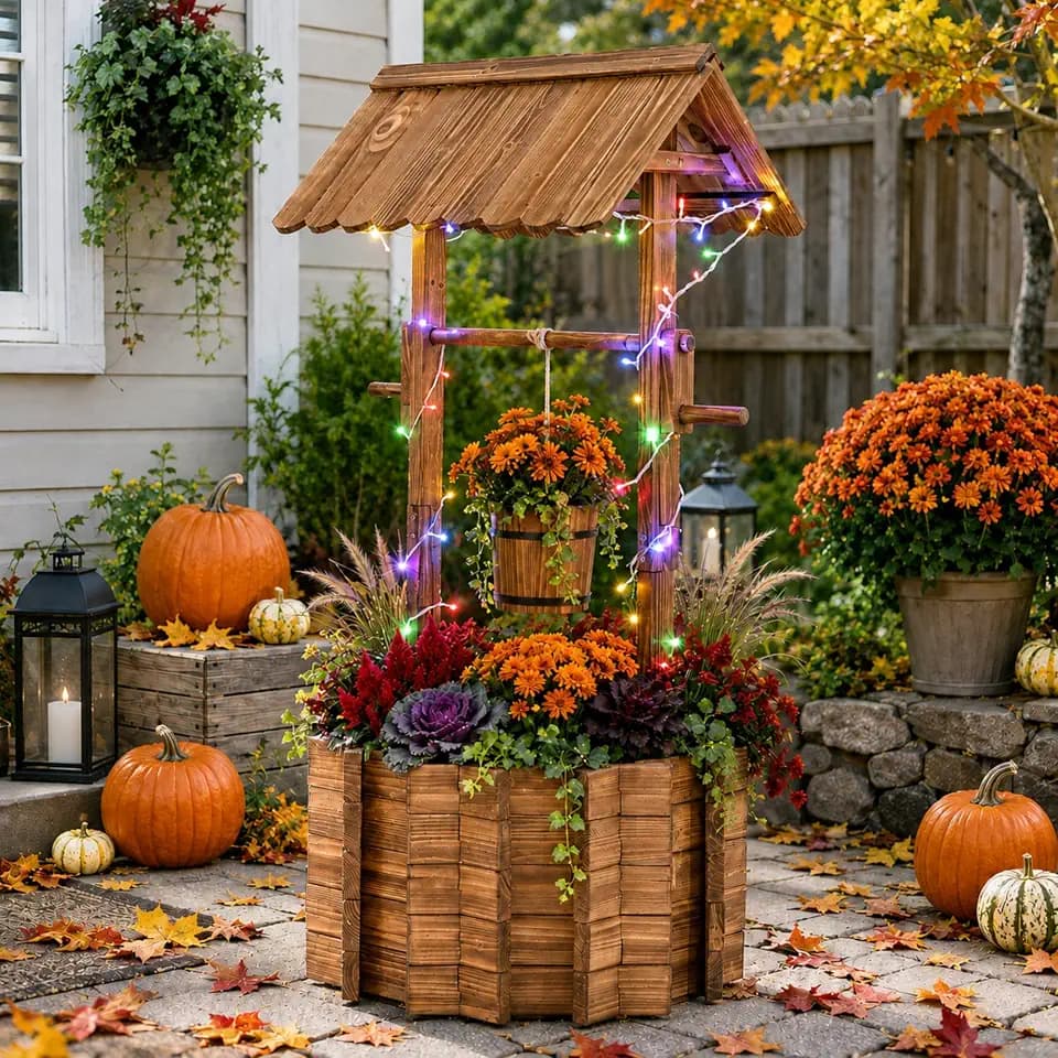 54" Outdoor Garden Wishing Well Planter with LED Lights