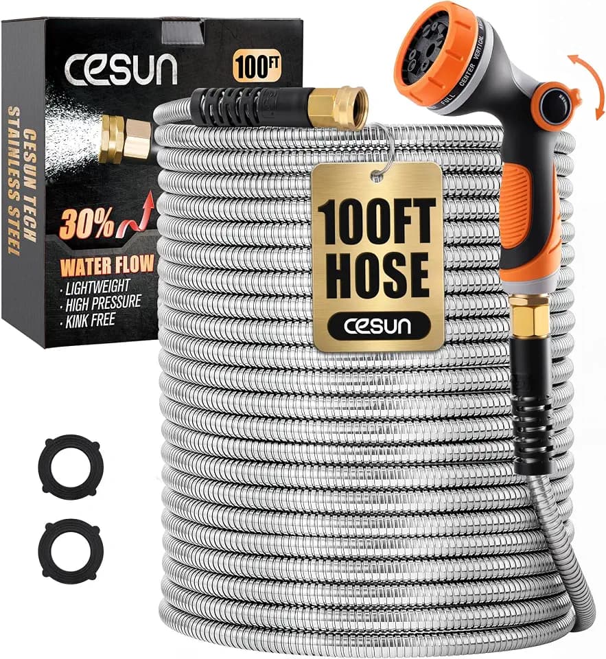 Cesun 100 ft Metal Garden Hose with 10 Function Nozzle, 100 foot x 5/8"