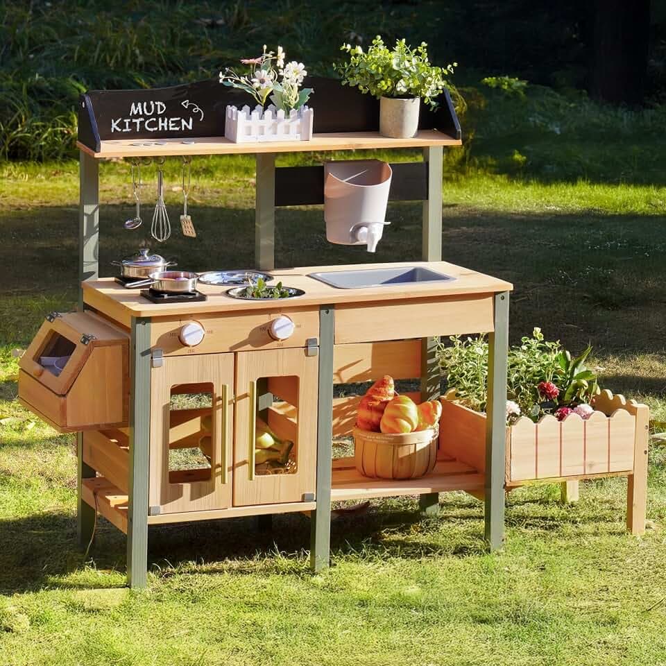 ROBUD Kinder Matschküche Holz, Spielküche mit Echtem Wasserhahn, Pflanzkasten, Insektenkasten, Rollenspiel Kinderküche für draußen, Geschenk für Mädchen Jungen ab 3 Jahren, Naturholz