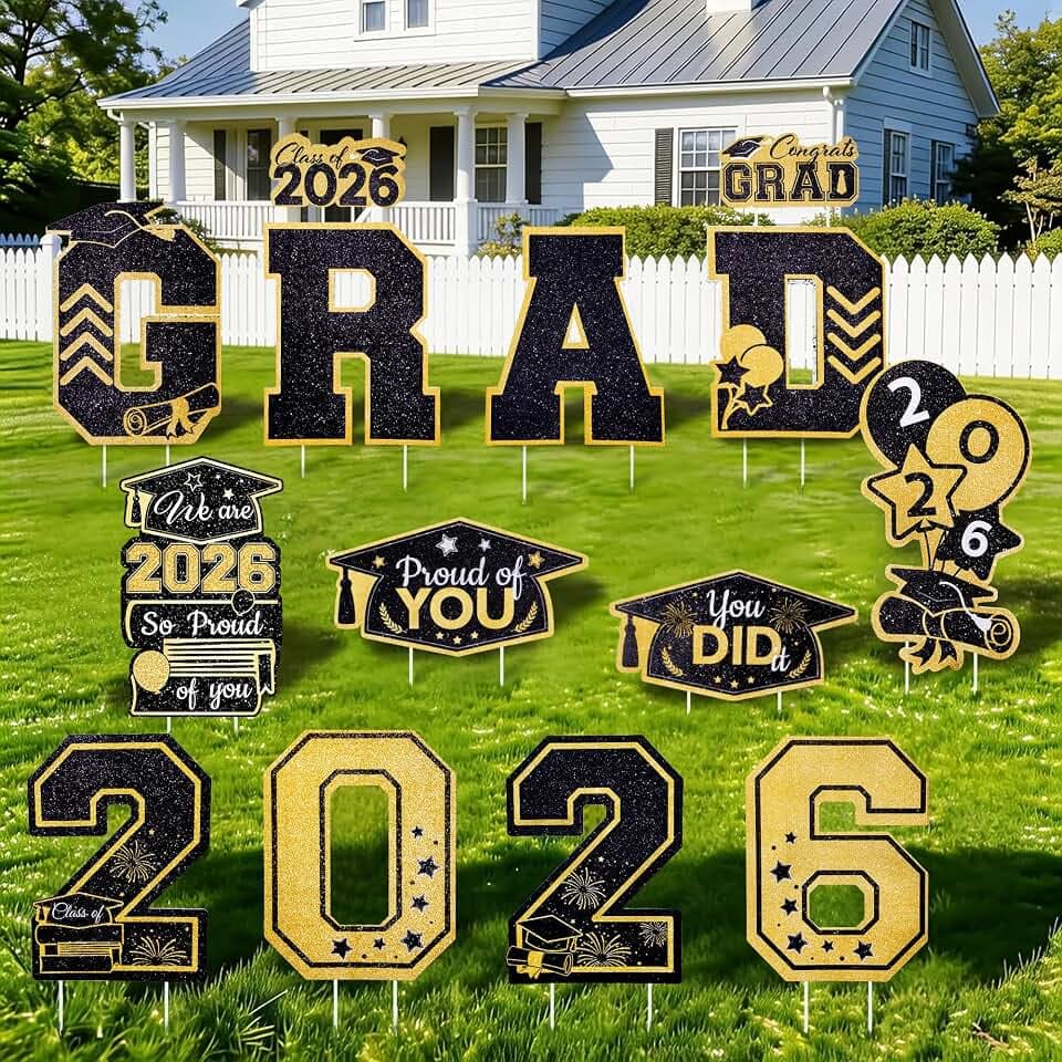 Black Gold Glitter Graduation Large Yard Signs for Class of 2026-14 Pcs Outdoor Lawn Decor Kit with Stakes, Plastic Congrats Grad Party Decorations with Real Shimmer Effect