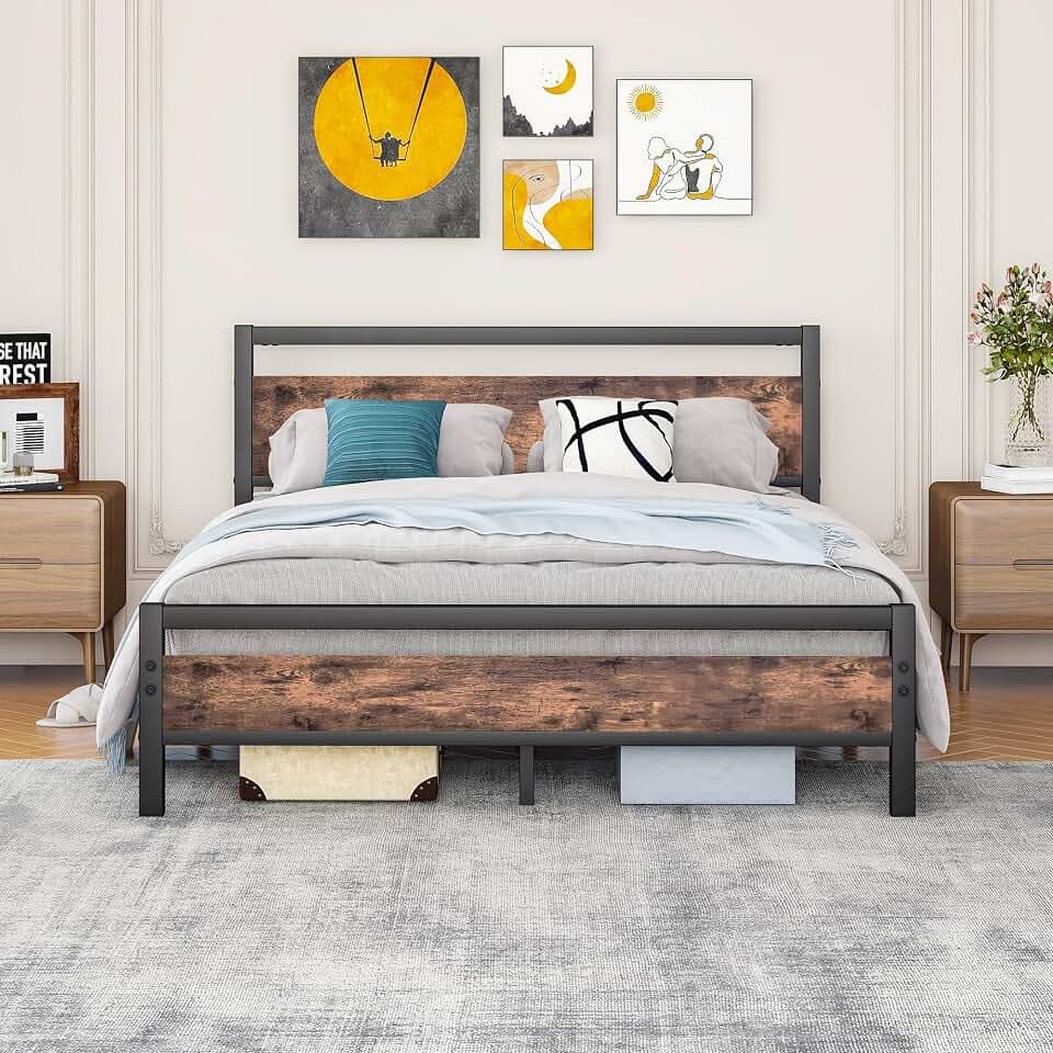 Bettgestell 160x200 Bettrahmen aus Metall Holz,Metallbett mit Lattenrost,Gästebett Jugendbett Doppelbett 160x200 mit Kopfteil,Metall Bed Braun und Schwarz