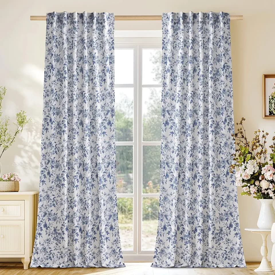 NICETOWN Blue Floral Curtains for Bedroom & Living Room, Linen Blend Drapes with Vintage Peony, Privacy & Light Filtering Inspired by British Museum's Blue & White Porcelain, W52 x L90 in, 2 Panels