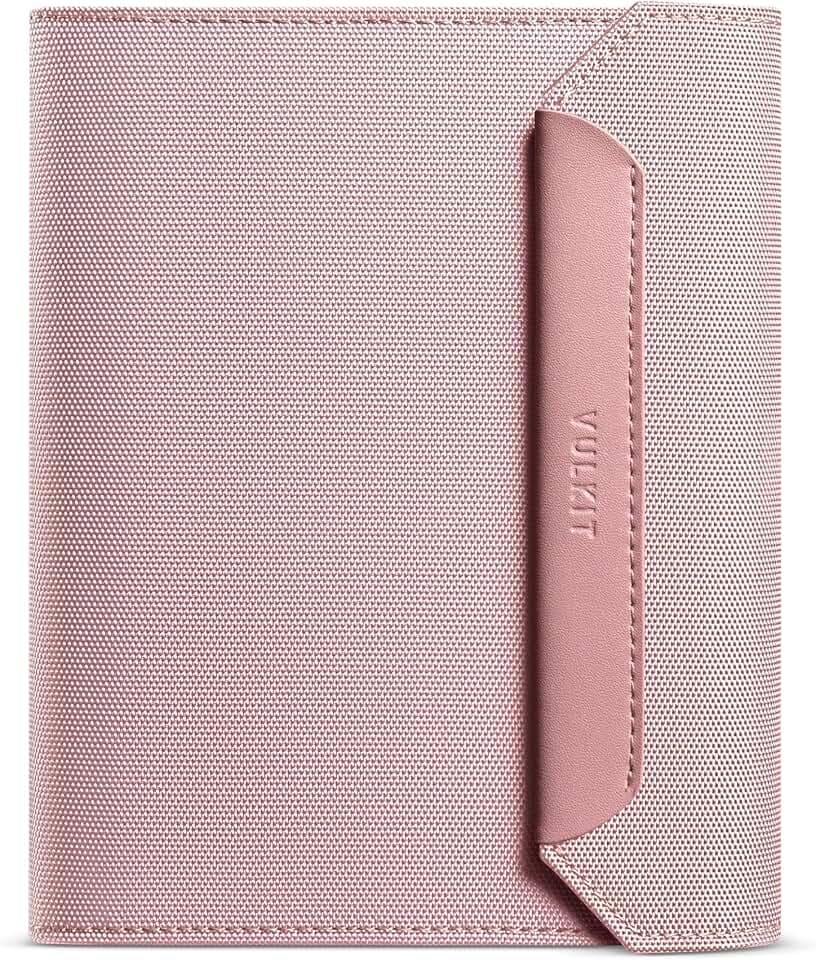 VULKIT RFID Blocking Leather Passport & Card Holder, Dual Person Travel Passport Wallet with Secure Magnetic Closure, Pink
