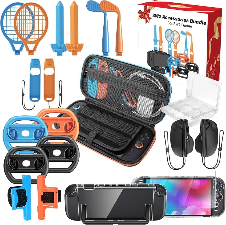 ZYTHRONE Switch Sports Games Accessories Bundle for Nintendo Switch 2 (2025), 18 in 1 Switch 2 Accessories Kit with Carry case, Tennis Rackets,Golf Clubs,Chambara Swords,Leg Straps & Switch 2 Mouse