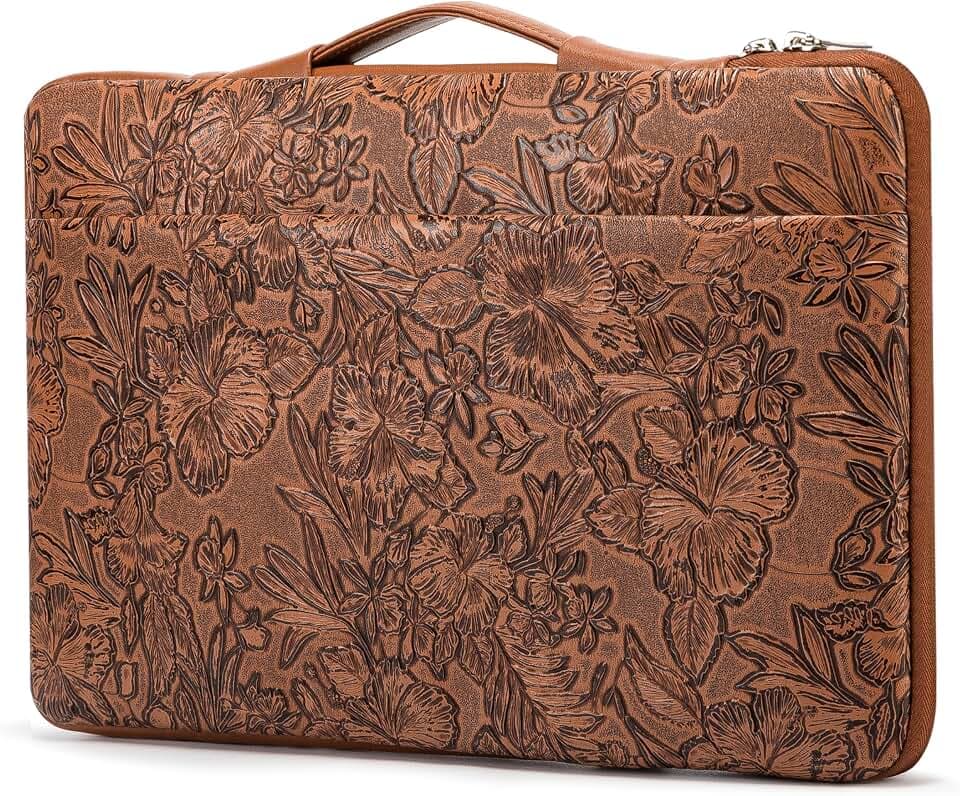 Kinmac Embossed PU Leather 360° Heavy Duty Protective Laptop Sleeve with Poacket (Coffee Flower, 12.5 inch-13.6 inch)