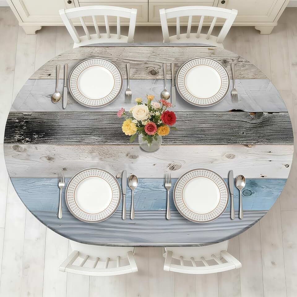 Wood Grain 48 x 68 Inch Oval Fitted Tablecloth with Elastic Edged, Waterproof Oil Proof Wipeable Oblong Table Cover for Indoor Outdoor Patio Table, Fits Oblong Oval Tables Up To 48" W x 68" L