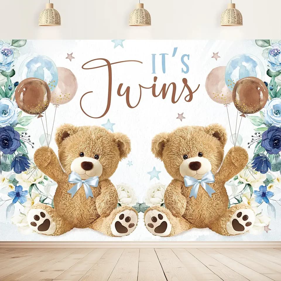 Twin Bear Boys Baby Shower Backdrop Party Decorations Navy Blue Floral