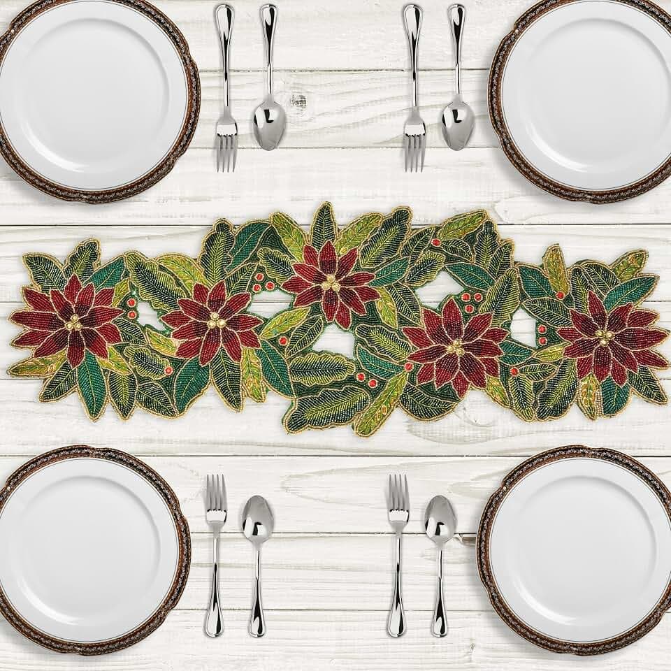 Lightnpro Poinsettia Beaded Table Runner - Festive 13" × 36" Holiday Decor in Maroon & Green - Elegant Farmhouse Christmas & Thanksgiving Dining Accent