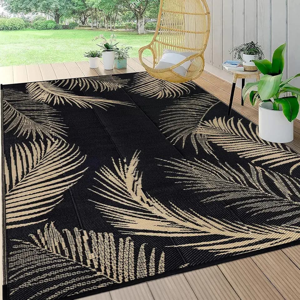 Pauwer Waterproof Outdoor Rug 8x10, Plastic Patio Mat, Leaf Black Brown