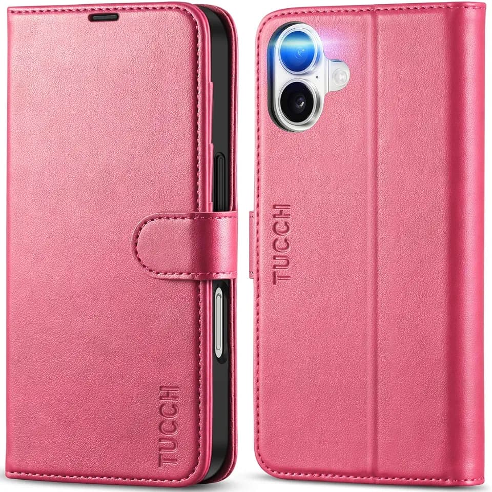 TUCCH Wallet Case for iPhone 16 (6.1") 2024, 4 Card Holders, Hot Pink