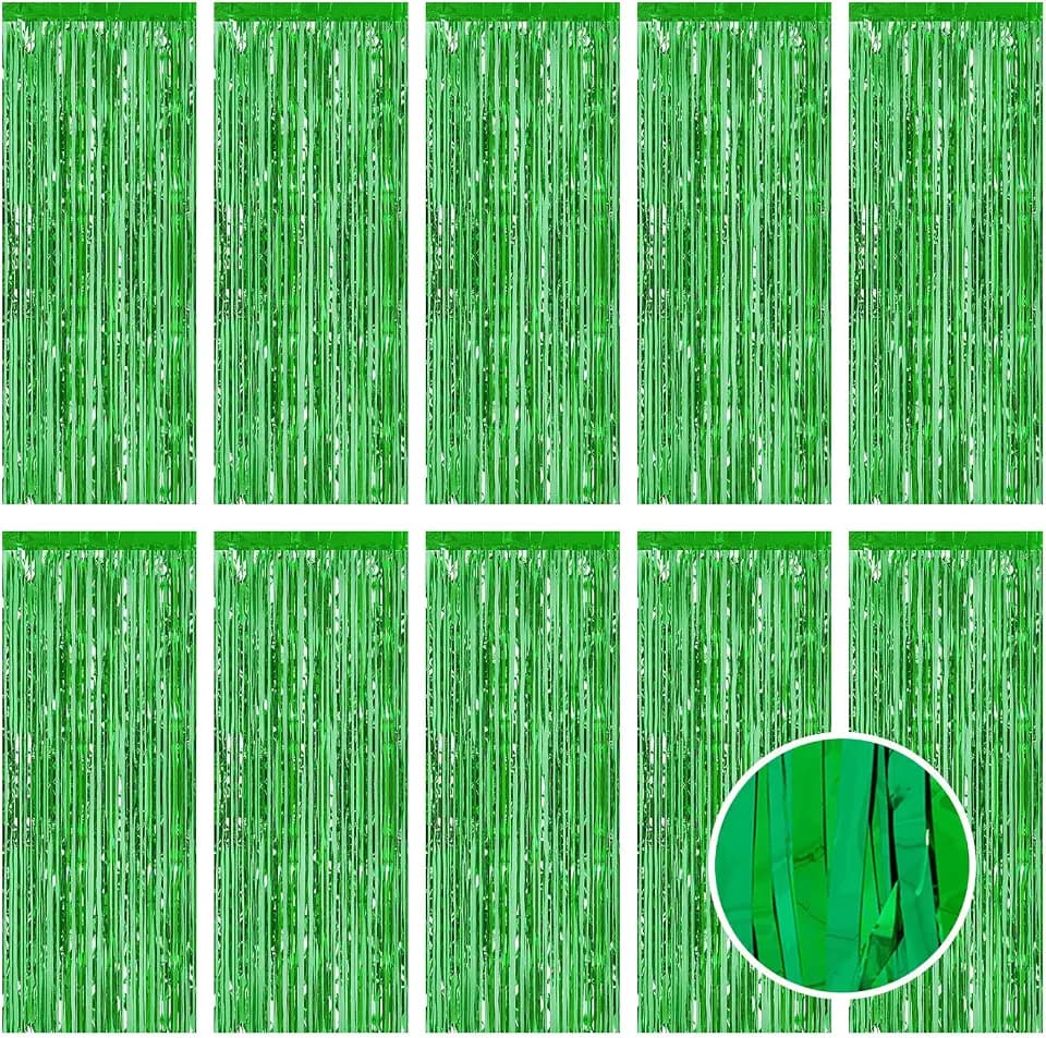 10 Pack Green Foil Curtain Backdrop 3.2ft x 9.8ft Metallic Tinsel Foil Fringe Curtains Streamer Photo Booth Backdrop for Birthday Party Engagement Bachelorette Party Decorations (Green)
