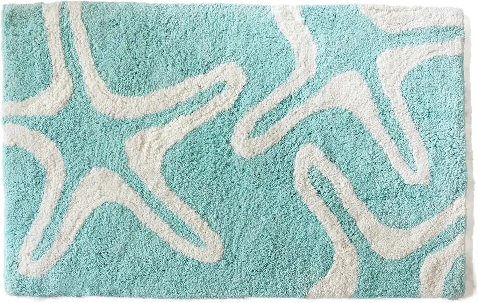 Market & Place Starfish Coastal Bath Rug, White and Aqua Bathroom Mat, Modern Bathroom Decor for Tub and Shower, Absorbent Bathroom Rugs, 20" x 30", Starfish Aqua