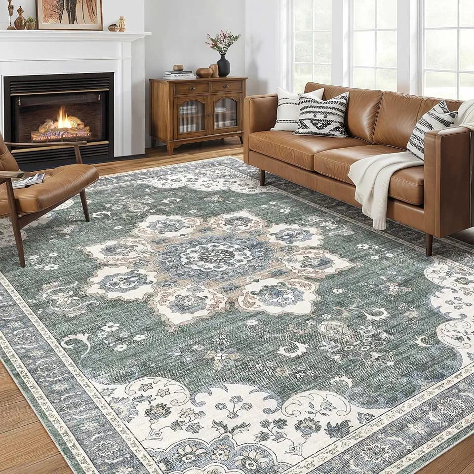Area Rug for Living Room - 9x12 Soft Washable Oriental Vintage Floral Distressed Large Carpet - Fade Stain Resistant Non Slip Rugs for Bedroom Dining Room Nursery Dorm Office Home Decor - Green