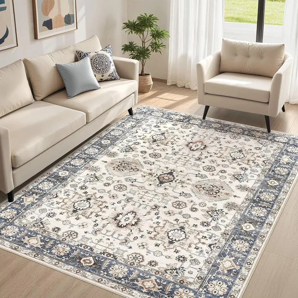 7x9 Washable Area Rug for Living Room, Vintage Pattern