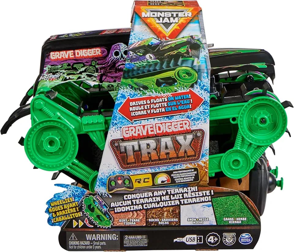 Monster Jam, Grave Digger Trax - RC Monster Truck Kettenfahrzeug Maßstab 1:15, All-Terrain-geländegängig an Land und im Wasser - für Jungen und Mädchen ab 4 Jahren