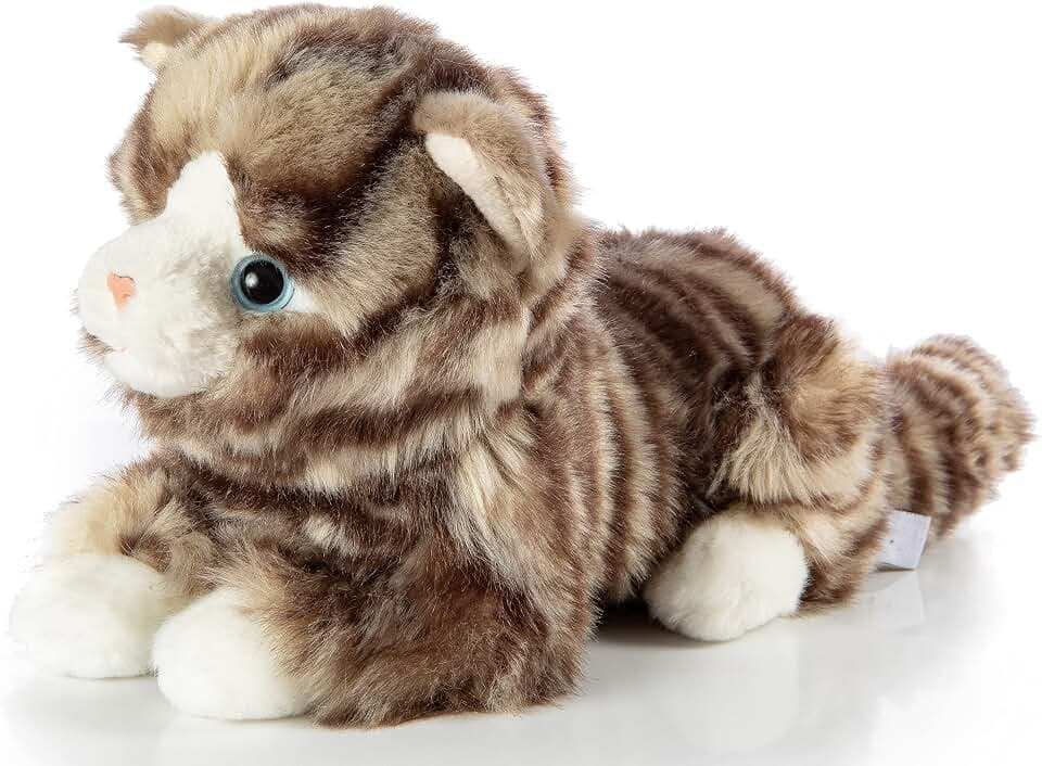 Uni-Toys - Hauskatze grau-getigert, liegend - 25 cm (Länge) - Plüsch-Katze - Plüschtier, Kuscheltier