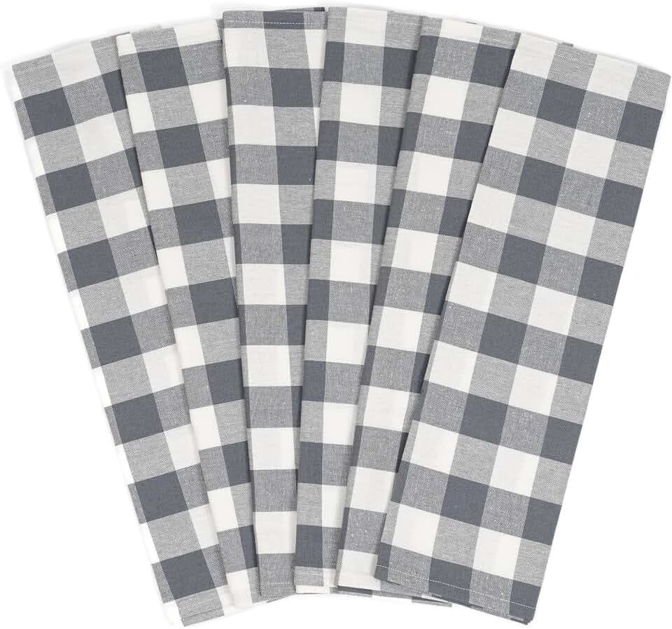 Gray Kitchen Towels - 100% Cotton, 30"x20", 6 Pack, Gingham Pattern, Premium Quality Dish Towels with Hanging Loop - Soft, Absorbent and Classic Plaid Pattern (6 Pack)