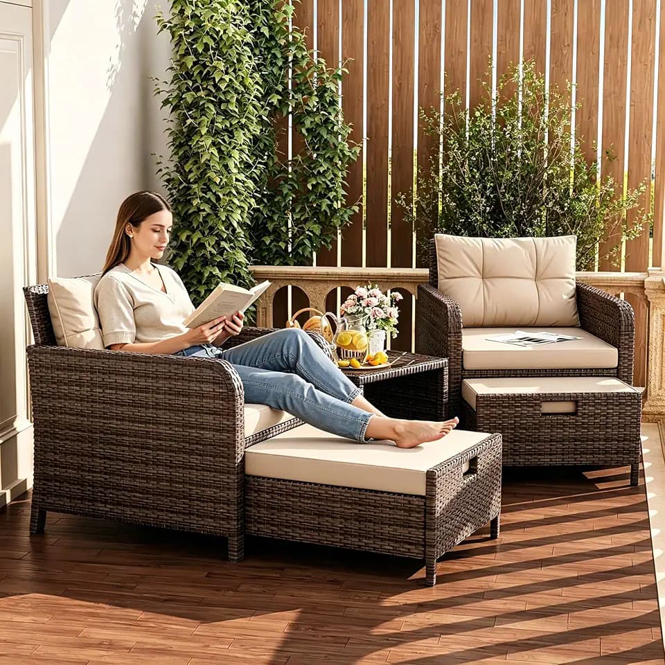 LHBcraft 5 Piece Patio Furniture Set, PE Wicker Outdoor Furniture Set with Soft Cushions & Coffee Table, Outdoor Lounge Chairs with Ottoman for Porch, Lawn, Balcony, Khaki-Beige