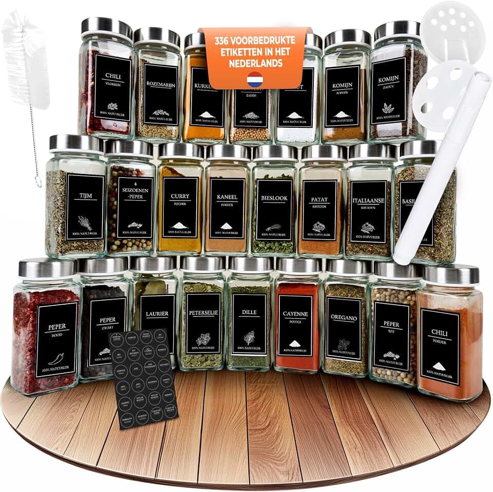 comforder Kruidenpotjes Set (24 stuks), Kruiden Organiseren met Nederlandse Labels, Gewürzgläser, Spice Jars, Vierkante Kruidenpotjes met RVS Deksel, 120ml