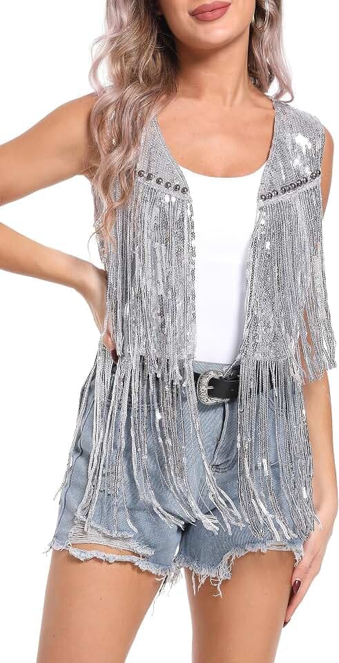 FEOYA Pailletten Fransen Weste Hippie Boho Frauen Funkelnde Jacke karneval Weste Glitzer