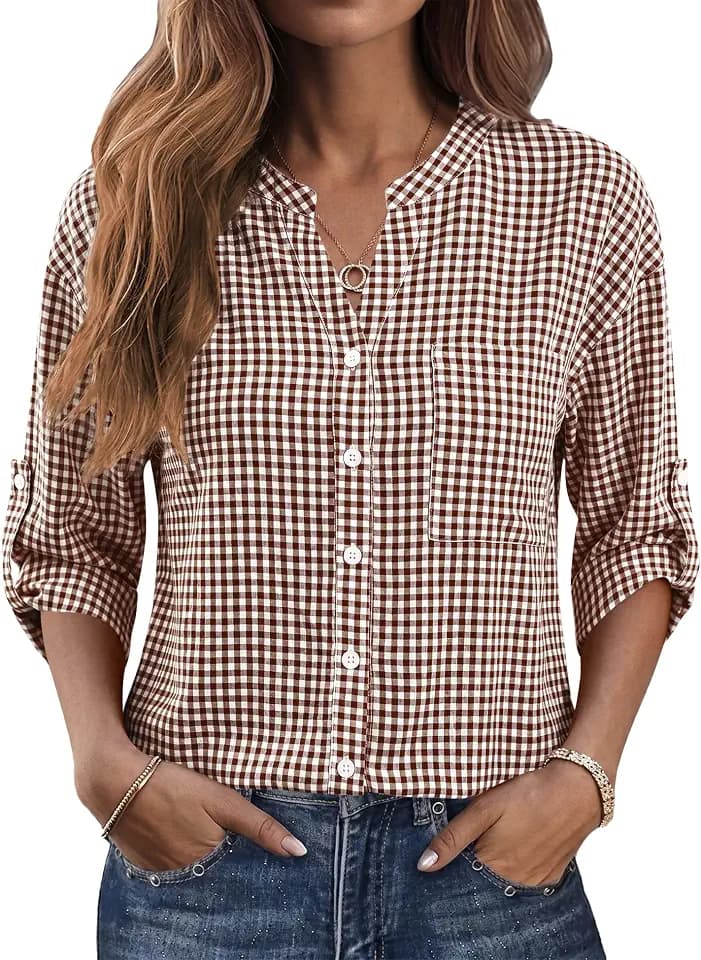 LOMON Women's Button Down Shirts 3/4 Length Sleeve Tops Casual Work Shirts