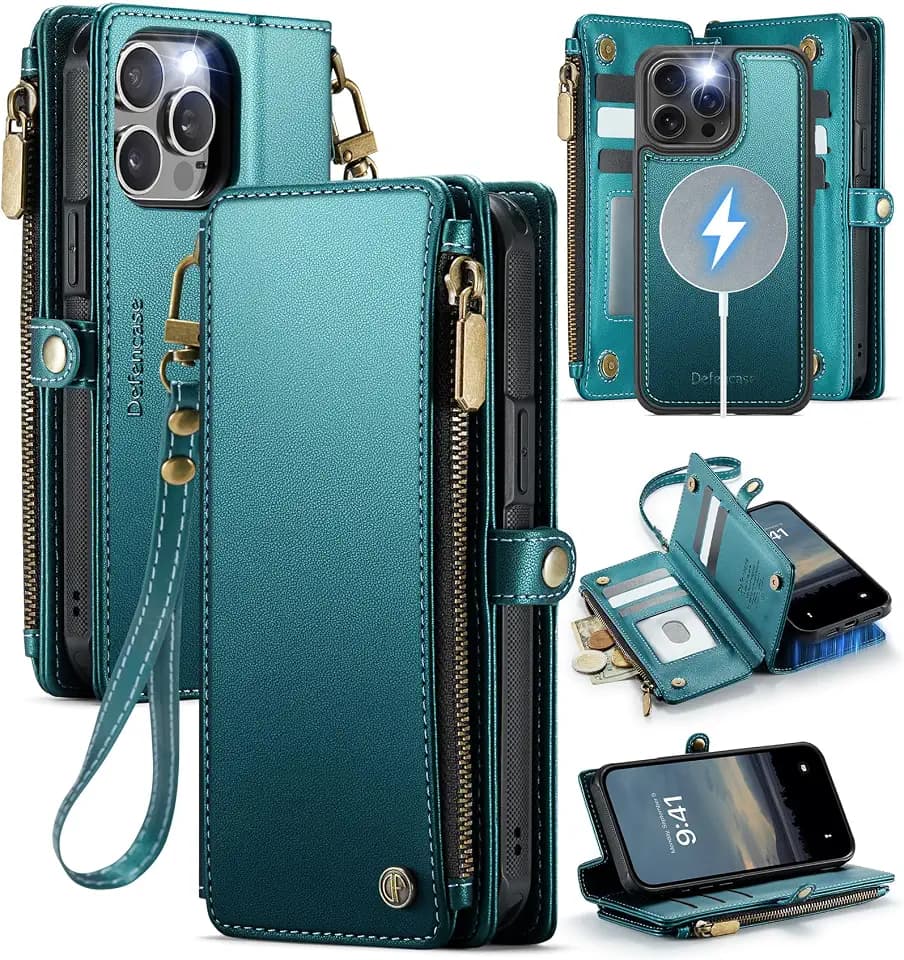 Defencase for iPhone 15 Pro Max Case Wallet Compatible with Magsafe, Green