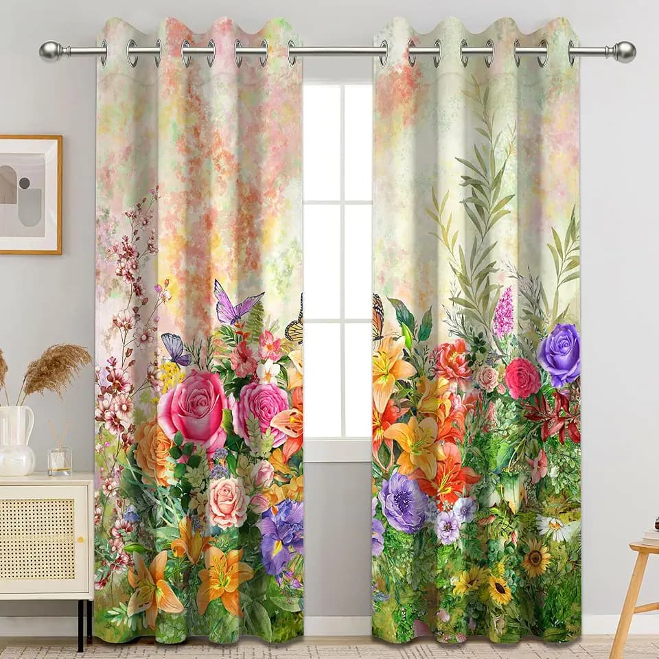 Spring Floral Blackout Curtains, Colorful Flower Butterfly Wildflower Watercolor for Women Window Drapes for Bedroom Living Room, 84 inch Length 2 Panels Set, 84 in x 52 in