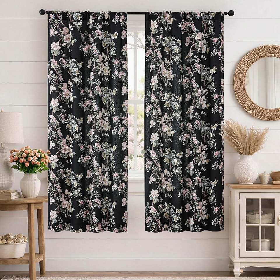 Simplebrand Black Floral Curtains 72 Inches Long 2 Panels for Bedroom Living Room, Faux Linen Textured Light Filtering Farmhouse Curtains, Soft Window Drapes for Glass Door Window Decor, Each 40" W