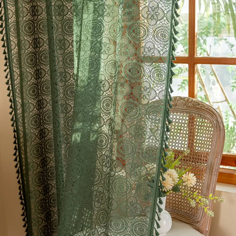 YJ YANJUN Boho Lace Curtains, Dark Green, 59" W x 96" L, 2 Panels