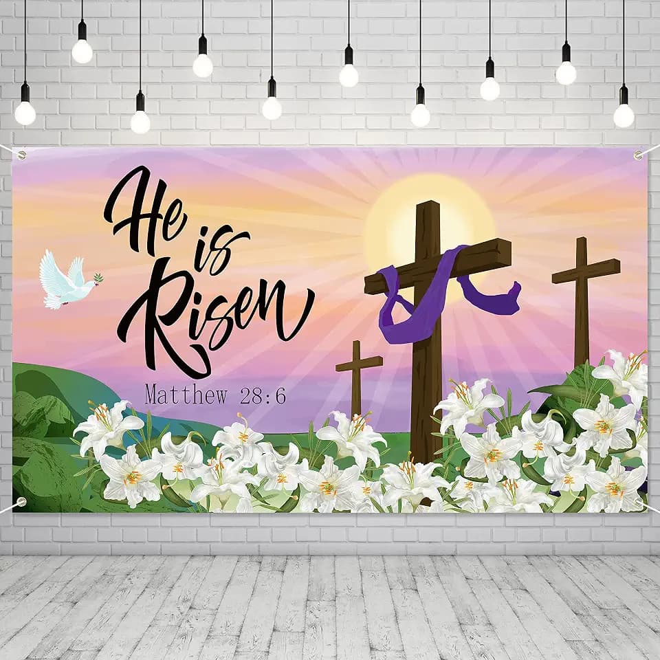 ANGOLIO Easter Jesus Cross Backdrop - Easter Jesus He Is Risen Background Banner Easter Resurrection Background for Easter Celebration Party Decor Banner Easter Background Photo Props for Home Outdoor