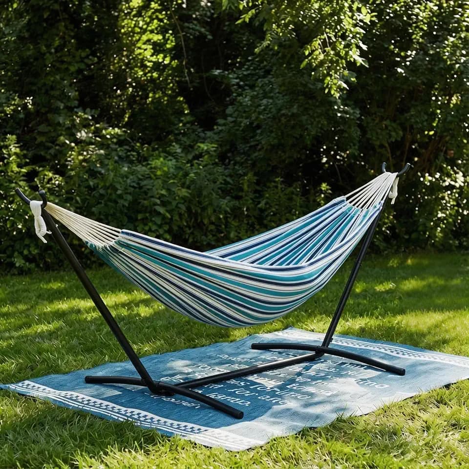 Double Hammock with Steel Stand - 2 Person Hammock Bed Indoor Outdoor, Brazilian-Style, with Carry Bag, 450lb Capacity, Portable & Easy Assembly, Ocean