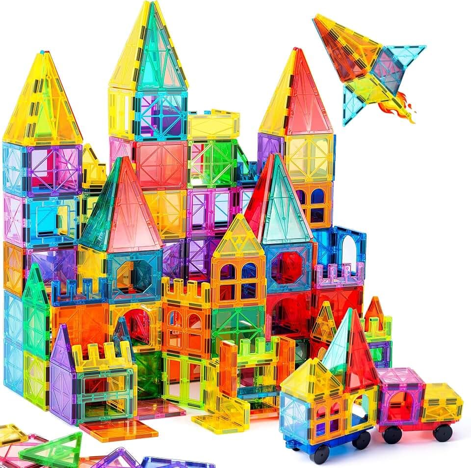 Magnetic Tiles, 135PCS Magnetic Building Blocks with 2 Cars, Large Magnet Building Set,STEM Sensory Educational Toys Gift for Toddlers Kids Boys Girls.