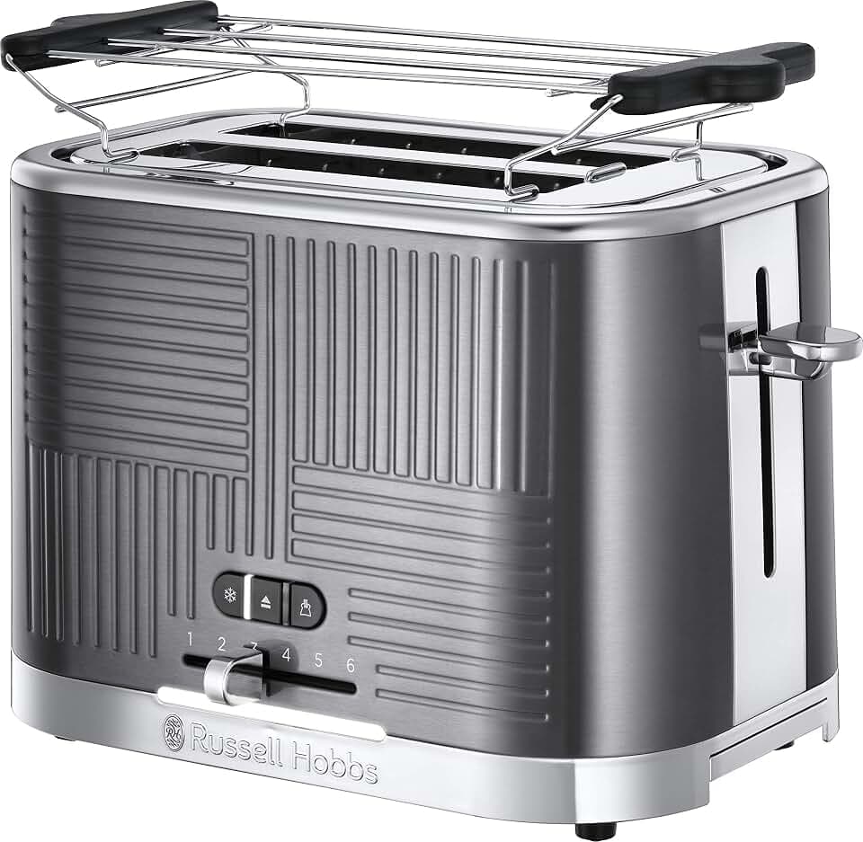 Russell Hobbs Toaster [für 2 Scheiben] Geo Edelstahl Grau (extra breite Toastschlitze, inkl. Brötchenaufsatz, 6 Bräunungsstufen + Auftau- & Aufwärmfunktion, Schnell-Toast-Technologie, 1640W) 25250-56