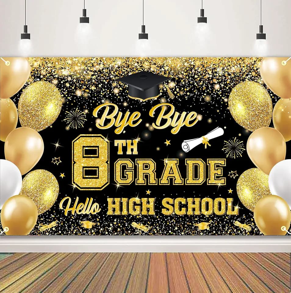 Bye Bye 8TH Grade Hello High School Backdrop Large Size 8TH Grade Graduate Banner for 8TH Grade Graduation Party Decorations Supplies