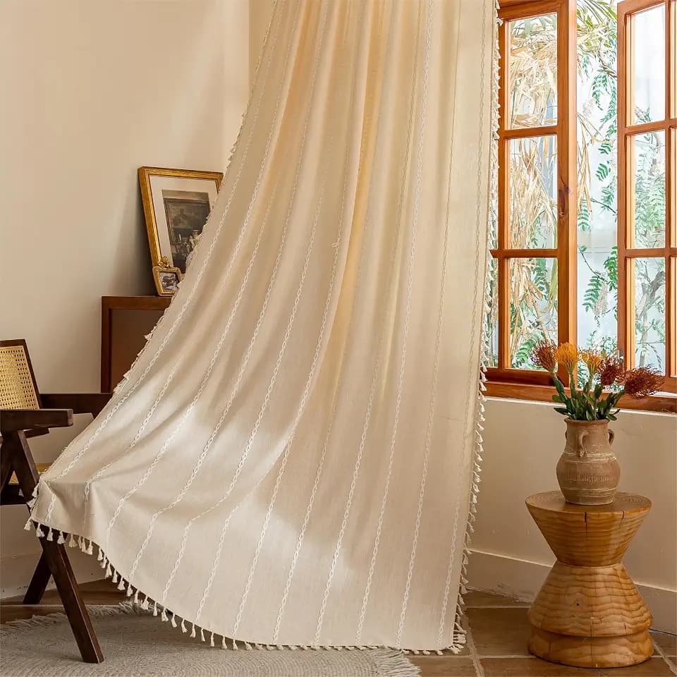 Sutuo Home Boho Curtains for Bedroom Living Room, Light Filtering Linen Farmhouse Shabby Chic Tassels Window Treatment Bohemian Embroidery Drape Decor, Rod Pocket 1 Panel 52" W x 90" L, Champagne